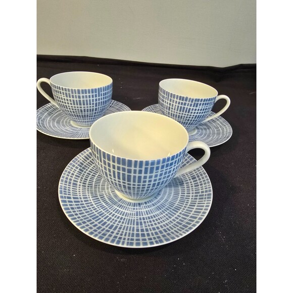 Set of 3 Arzberg Form 2000 Cup & Saucer – Blue Grid – German MCM Porcelain